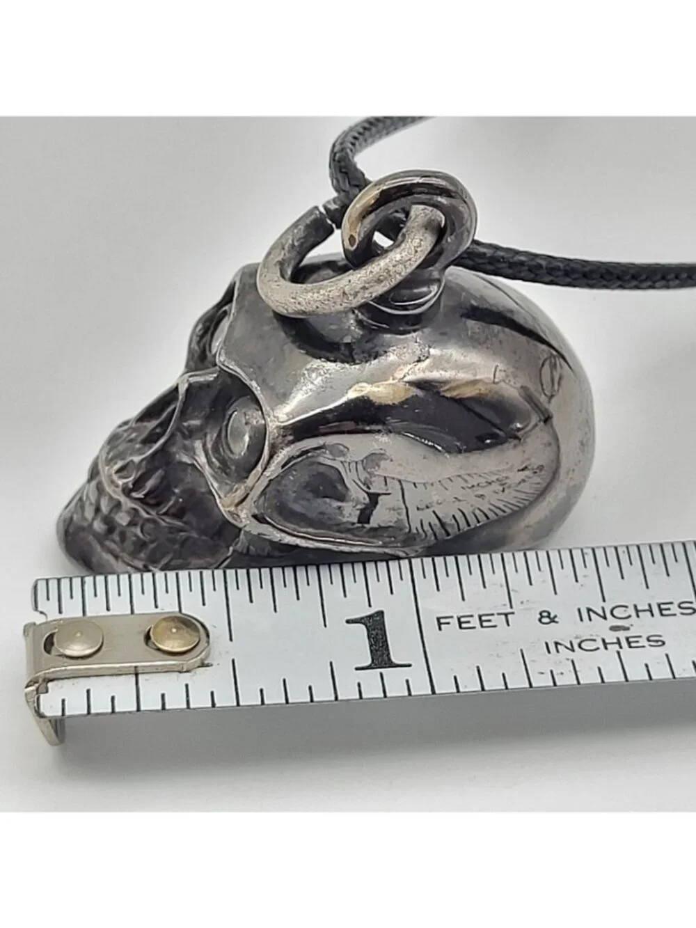 Gunmetal Gray Skull Crystal eyes Bell Pendant Biker Goth Halloween USA Made